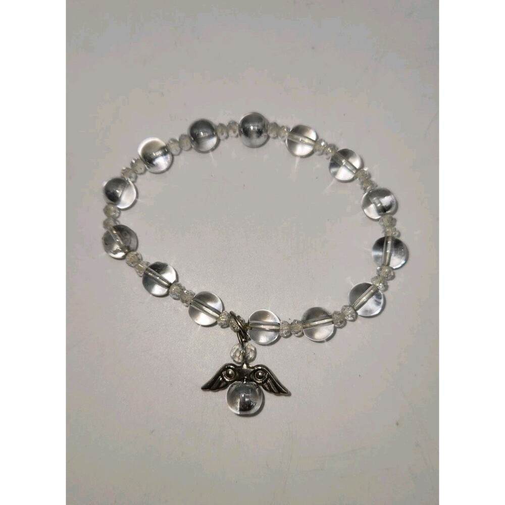 Clear Quartz Crystal Beaded Bracelet w  Angel Trinket